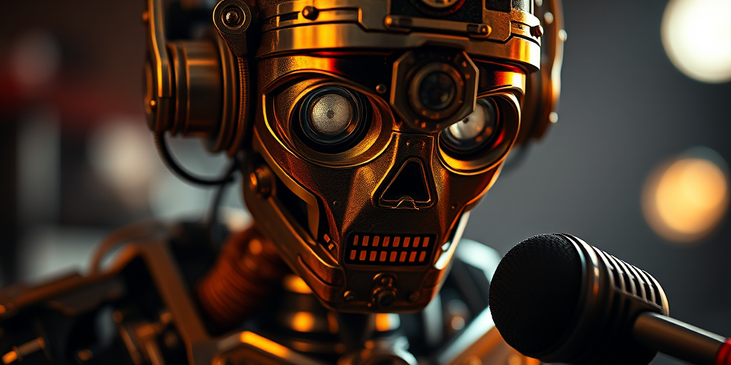 Create a highly detailed close-up of a steampunk-style robot with vintage microphones, dramatic lighting with high contrast, using a Canon EOS R5 at f/1.8, ISO 100, 1/200 sec, in a studio setting.