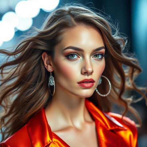 Runway capture, a beautiful model, vibrant colors, metallic textures, high fashion editorial , a 100mm macro lens to get extreme close-ups of intricate details like fabric stitching, accessories, or makeup artistry