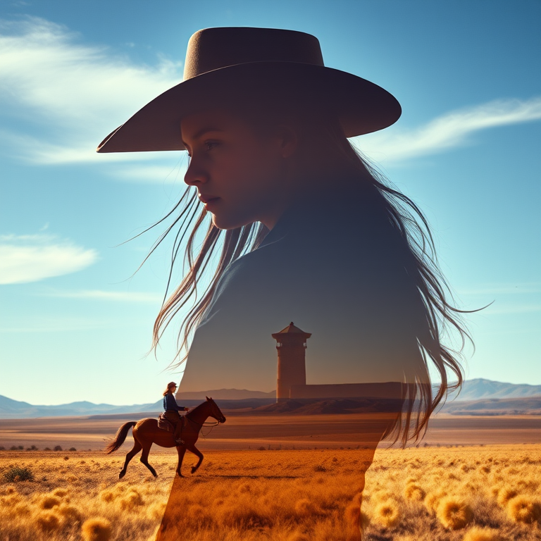 "Create a Double exposure", a silhouette "profile portrait of a young cowgirl" with long hair "superimposed" against a long shot of a cowgirl riding a horse across the plains, fantastic view, 32k, cinematic, hyper-realistic.