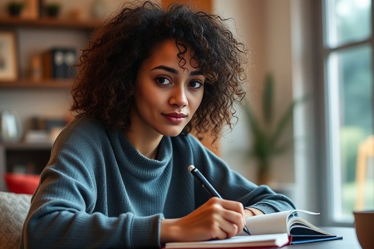 Capture a portrait of a young woman with curly hair writing in a cozy indoor setting, using a Canon EOS R5 with a 50mm f/1.2 lens, aperture f/1.8, ISO 200, shutter speed 1/125 sec, natural soft lighting, shallow depth of field for a blurred background.