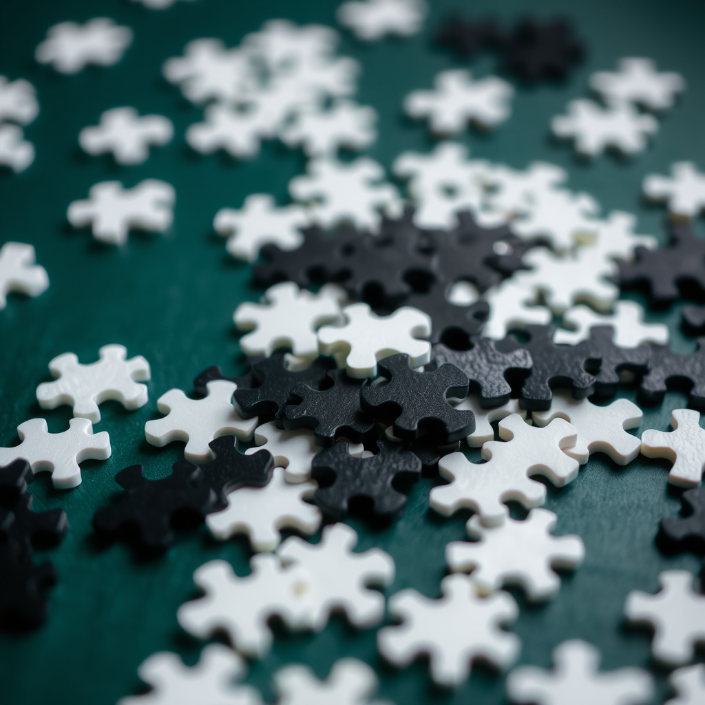 a close-up shot of a scattered pile of black and white jigsaw puzzle pieces on a dark green surface, taken with a DSLR camera at f/2.8, 50mm lens, ISO 100, natural lighting, shallow depth of field for emphasis on details.