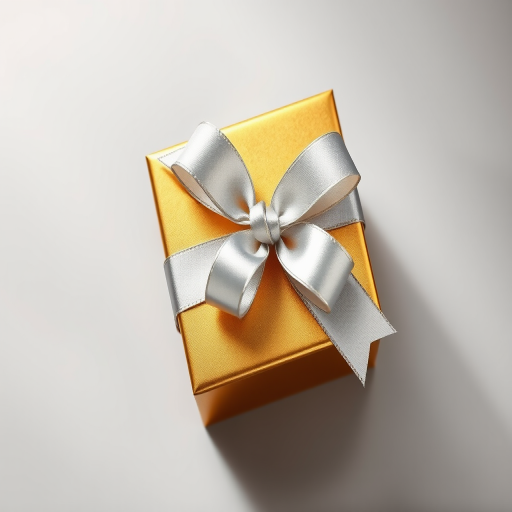 Create an image of a golden gift box with a silver ribbon and bow, shot with a Canon EOS R6 at f/2.8, ISO 100, 50mm lens, top-down view, soft lighting, high-quality vector graphic style.