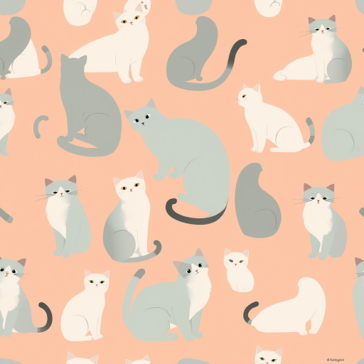 create a seamless pattern featuring soft, abstract shapes of cats in various poses, with a pastel peach background, using a digital art style, captured with a high-resolution camera at f/2.8 aperture, 50mm lens, and a shallow depth of field for a dreamy effect