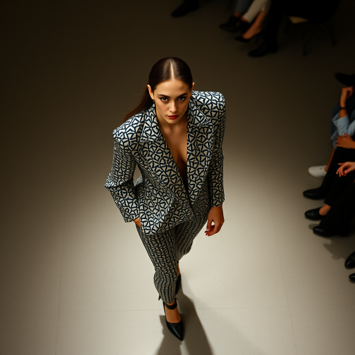 Capture the model from a high angle, emphasizing the outfit’s pattern and silhouette. Use a 35mm prime lens to maintain sharpness and minimize distortion