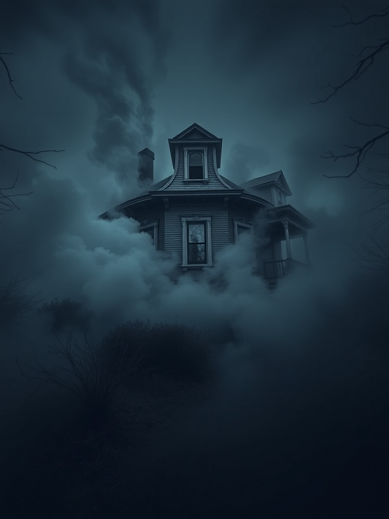 Generate an eerie, abandoned Victorian house surrounded by swirling fog and smoke with a moody atmosphere, captured using a DSLR camera at f/2.8, ISO 100, 1/60s, in a low-angle shot with a wide-angle lens to enhance depth and detail.