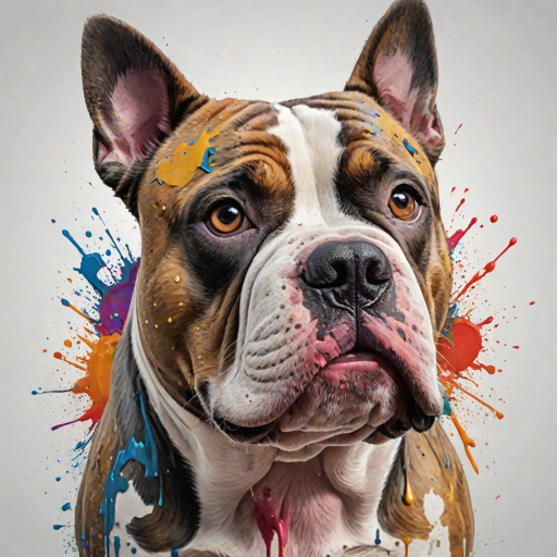 Create a hyper-detailed splash art of an American Bully dog's head on a clean white background. The design should include vibrant color splashes and drips in complementary colors, focusing on the tongue and eyes, expressive features and intricate contours. The dog's expression should be intense, almost roaring, and the overall composition should be different positions, feel fantastic and dynamic, as if a part of a digital fantasy artwork would be rendered in an 8k resolution, inspired by a mix of oil painting techniques and a stylized, epic Instagram aesthetic.
