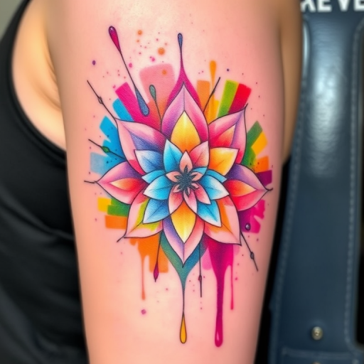 Vibrant watercolor tattoo named "Spectrum Splash" featuring a gradient rainbow of colors blending seamlessly across the skin, with delicate splatters and drips creating an abstract floral pattern, incorporating hidden geometric shapes within the design
