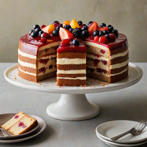 Create an image of a layered cake with visible slices showing soft, fluffy cake layers and a rich filling. The cake should have a smooth frosting on the outside, with a glossy fruit topping. The background should be simple and light to highlight the cake's details.