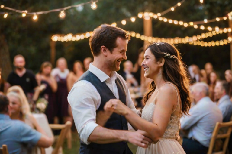 Blurry candid shot of a couple twirling under fairy lights at an outdoor wedding reception, soft golden light illuminating their smiles, with the blurred outlines of guests watching from nearby tables.
