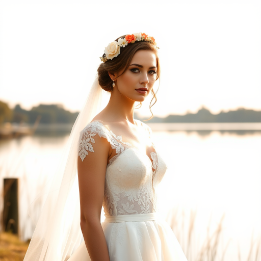 water front lake scene, bridal model, delicate lace gown, floral headpiece, soft romantic focus, high-key lighting and an 85mm lens for soft, even tones that highlight the model’s face and bright outfit against a white or light background