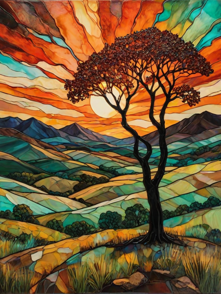 A vibrant abstract painting on Tiffany Glass, blending acrylic and alcohol ink techniques, captures a dramatic sunset over rolling hills. The artwork features a textured, rocky foreground in green and brown, layered abstract hills, and a striking sunset in rich oranges, yellows, and reds. A solitary black tree with intricate branches contrasts against the fiery sky, creating a dynamic and expressive portrayal of a breathtaking natural scene.