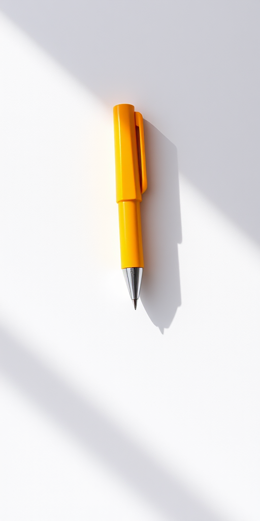 A high-resolution image of a yellow pen lying diagonally on a clean white background, taken with a DSLR camera using a f/2.8 aperture, 50mm lens, ISO 100, and natural lighting to emphasize details and shadows.