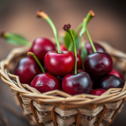 cherries in a textured paper basket with vibrant colors and a soft focus background, captured with a Canon EOS 5D Mark IV, 50mm lens, f/2.8 aperture, ISO 100, natural light, macro photography