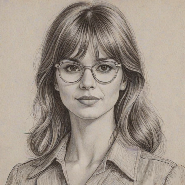 Magnificent Katja Herbers, pencil sketch, portrait of Superb woman 1970s in glasses, hair style beatnik, outline, clear lines, fine lines, 8k