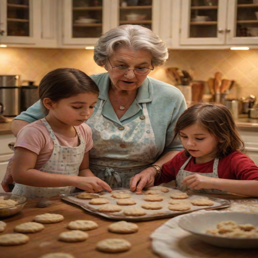 Warm, softly lit image of a grandmother teaching her grandchildren to bake cookies in a cozy kitchen, soft glow from the oven casting warm shadows, with the smell of chocolate and vanilla filling the air.