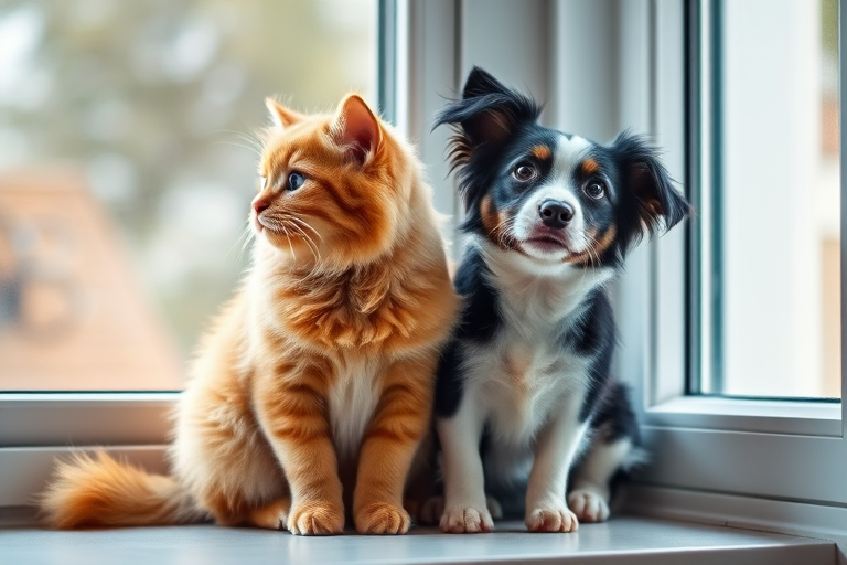Create a high-resolution image of a fluffy orange cat and a black and white dog sitting side by side by a window, soft natural light, aperture f/2.8, ISO 200, shutter speed 1/125 sec, DSLR camera, shallow depth of field, vibrant colors.