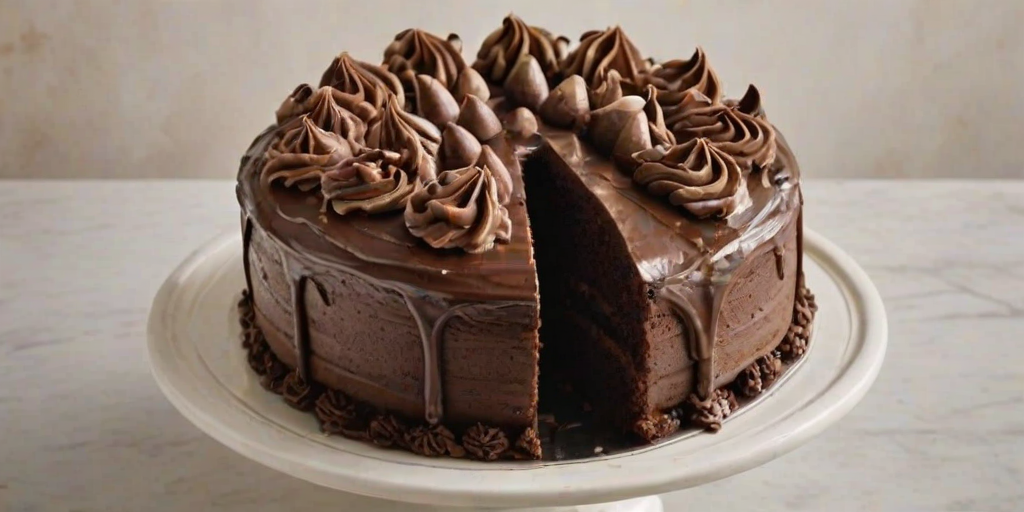 Create an image of a rich chocolate cake with smooth chocolate frosting. The cake should be round and appear moist, with a slice removed to show its fluffy interior. Place the cake on a marble cake stand, with a soft, neutral background. Include decorative plates and a small fork beside the cake for an inviting presentation.