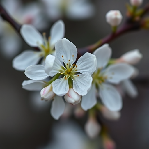 Close-up of delicate white cherry blossoms with subtle pink buds against a blurred dark background, shot with a 50mm f/1.8 lens, aperture at f/2.8, shutter speed 1/200s, ISO 100, natural light, macro photography style.