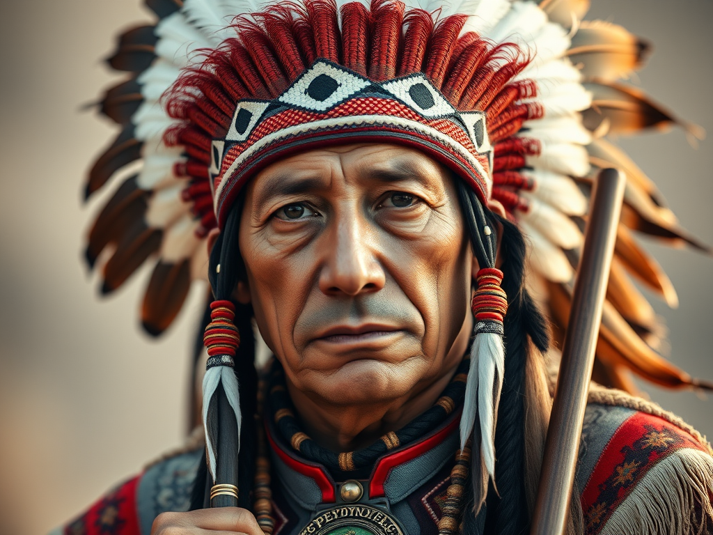 Generate a high-resolution portrait of a Native American man wearing a feathered headdress and traditional attire, holding a staff, with soft diffused lighting, shot with a Nikon D850 at f/1.8, 50mm lens, in a shallow depth of field, capturing intricate facial details and vibrant colors.