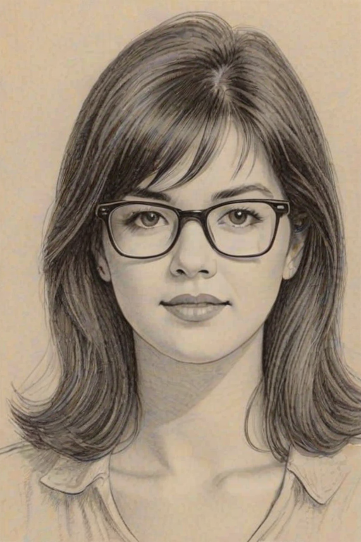 Comely Phoebe Cates, pencil sketch, portrait of Lovely woman 1955s in glasses, hair style beatnik, outline, clear lines, fine lines, 8k