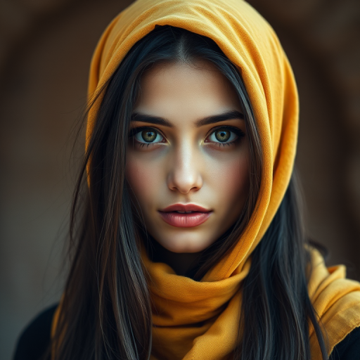Create a portrait of a young Coptic woman with long, dark hair and captivating hazel eyes. She is wearing a Yellow headscarf and a matching scarf draped gracefully around her neck. The background is softly blurred, focusing attention on her serene and natural expression. The overall color palette is muted and warm, enhancing the intimate and authentic feel of the portrait.