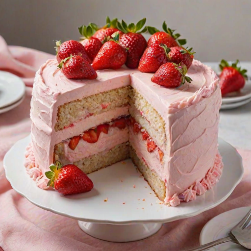Create an image of a layered cake with a light pink frosting, decorated with fresh strawberries on top. The cake should have visible layers and a slice cut out, showcasing the fluffy texture and strawberry filling between the layers. The setting should be simple and elegant, with a white plate and a clean background.