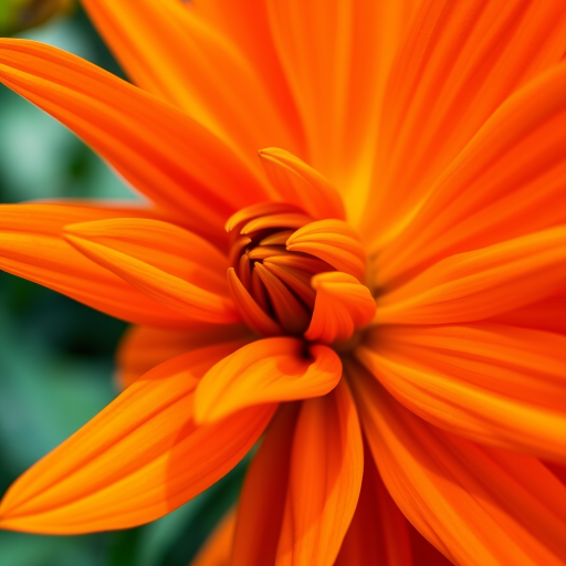 close-up of a vibrant orange dahlia flower with intricate petal details, captured with a macro lens, aperture f/2.8, ISO 100, shutter speed 1/200s, natural lighting, DSLR camera