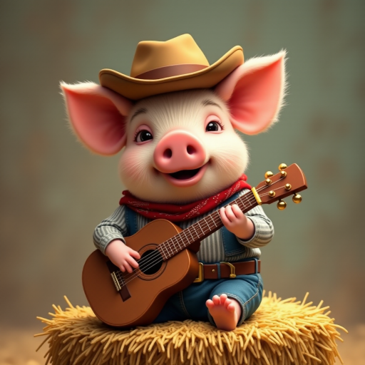 A chibi pig, dressed as a cowboy, playing guitar, sitting on a hay bale