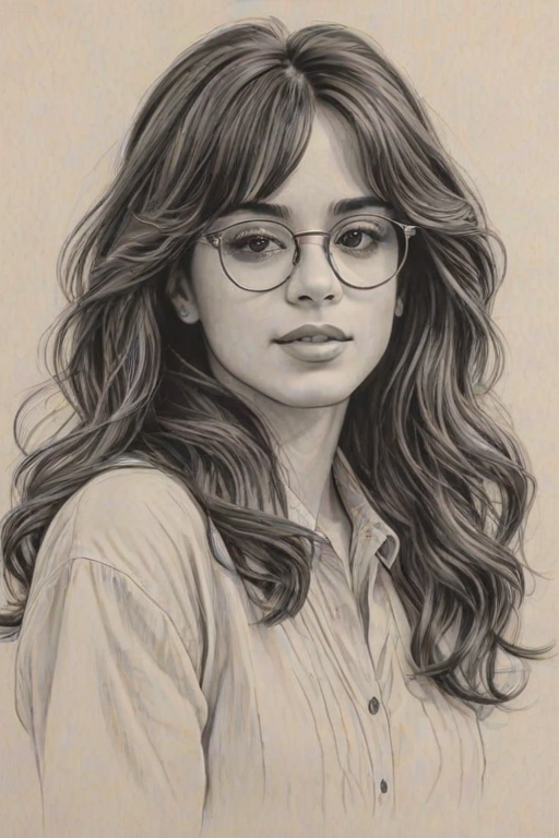 Resplendent Camila Cabello, pencil sketch, portrait of Exquisite woman 1948s in glasses, hair style beatnik, outline, clear lines, fine lines, 8k