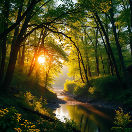 Create a vibrant illustration of a serene forest landscape during golden hour with rich green foliage, soft sunlight filtering through the trees, and a calm river reflecting the sky, captured with a Canon EOS R5, 24mm lens, f/2.8 aperture, 1/125s shutter speed, ISO 100, in a wide-angle view to enhance depth and detail.