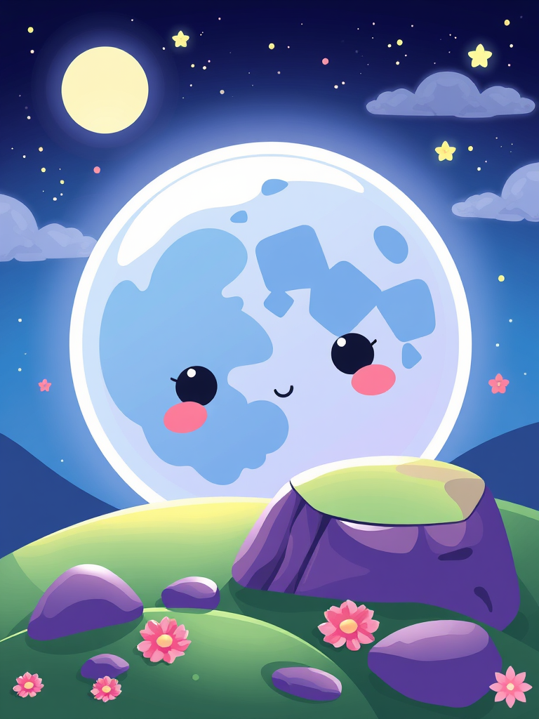 generate a kawaii Full moon sticker, 3d digital art, colorful background, sticker line weight