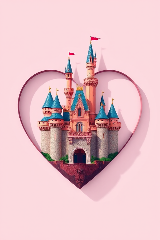 Create a high-resolution image of a stylized castle within a heart shape, using a DSLR camera with a 50mm lens, aperture f/2.8, ISO 100, in a straight-on view, with vibrant colors and shadows for depth.