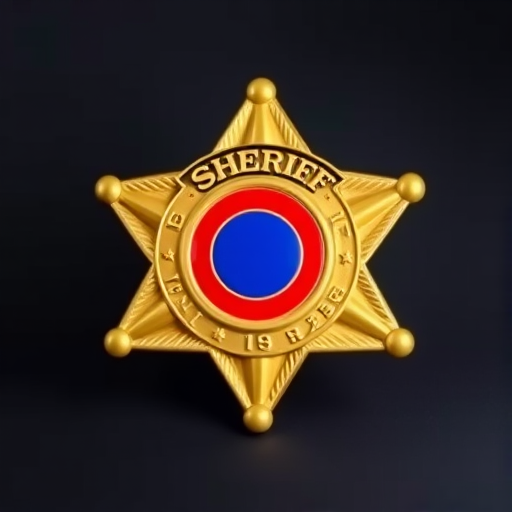 Create a high-resolution image of a sheriff badge featuring a golden star shape with intricate details, a central blue circle outlined in red, vibrant colors, taken with a DSLR camera at f/2.8 aperture, ISO 100, 50mm lens, in a well-lit studio setting, using a shallow depth of field for clarity and emphasis on the badge.