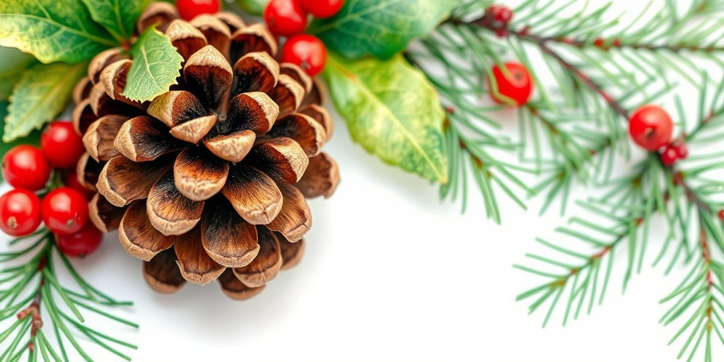 Create a vibrant watercolor illustration of a festive holiday arrangement featuring a pinecone, holly leaves, red berries, and green pine sprigs, captured using a DSLR camera with an aperture of f/2.8, ISO 100, focal length of 50mm, and a depth of field that highlights the details while softly blurring the background for a rich, textured effect.