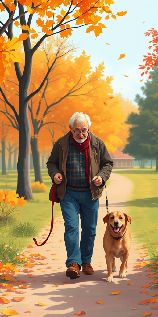 Create an illustration of an elderly man walking a dog in a park, emphasizing a cozy autumn atmosphere, shot with a DSLR camera at f/5.6 aperture, ISO 100, 50mm lens, in natural light, capturing vibrant colors and clear details.
