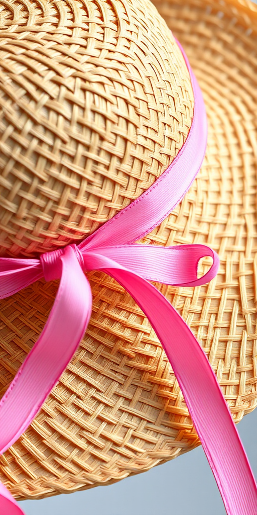 straw hat with a pink ribbon, close-up shot, natural lighting, 50mm lens, aperture f/2.8, ISO 100, shallow depth of field, studio background