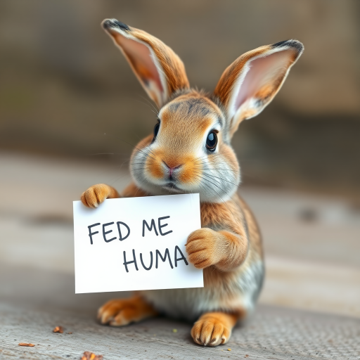 rabbit holding a note which says "FEED ME HUMAN"