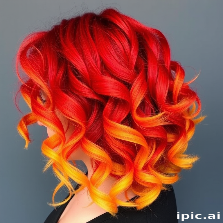 Fierce flame-inspired ombre from deep red roots to vibrant yellow tips, styled in voluminous curls for a bold and dynamic look named Phoenix Rising