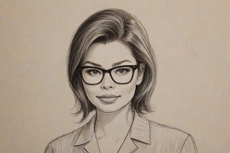 Lovely Miranda Cosgrove, pencil sketch, portrait of Magnificent woman 1954s in glasses, hair style beatnik, outline, clear lines, fine lines, 8k