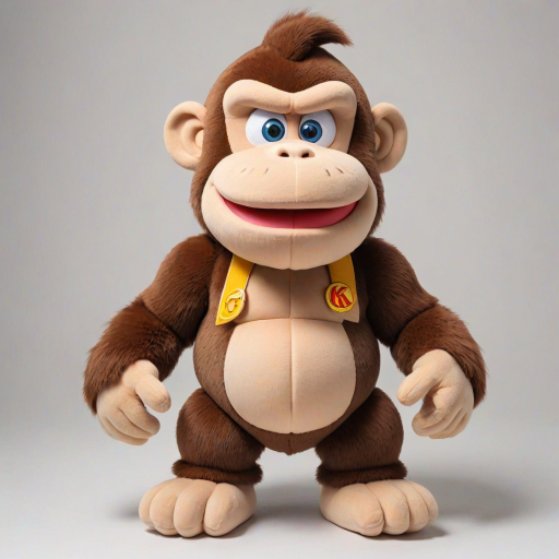 Donkey Kong children's version of an adorable and cute cotton plush with a full body on a white background. A good front pose is visible with extreme quality and every detail. The image features good lighting, a well-chosen color palette, and a 3D appearance.