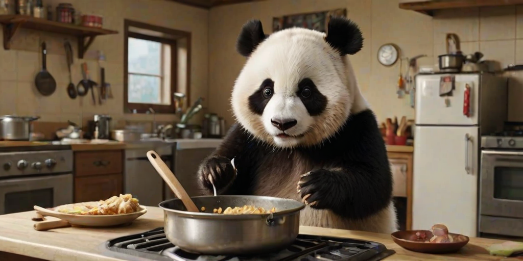 The image is a high-resolution photograph of a charming panda named Huahua, depicted in a bustling kitchen setting. Huahua has a distinctive black and white fur pattern, with round, chubby features and a serious expression. She stands upright, holding a large spatula in her right paw and a frying pan in her left, as she diligently cooks at the stove.