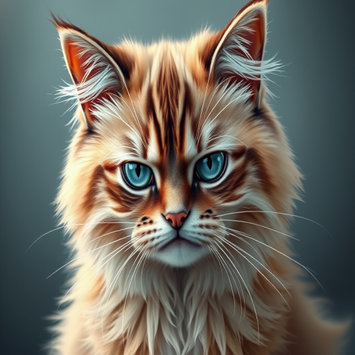 Create a digital illustration of a disgruntled cat with a fluffy coat and piercing blue eyes, using a Canon EOS R5 camera with a 50mm f/1.2 lens, at an aperture of f/2.8, ISO 100, shooting from a frontal view in high dynamic range style with vibrant colors and detailed texture.