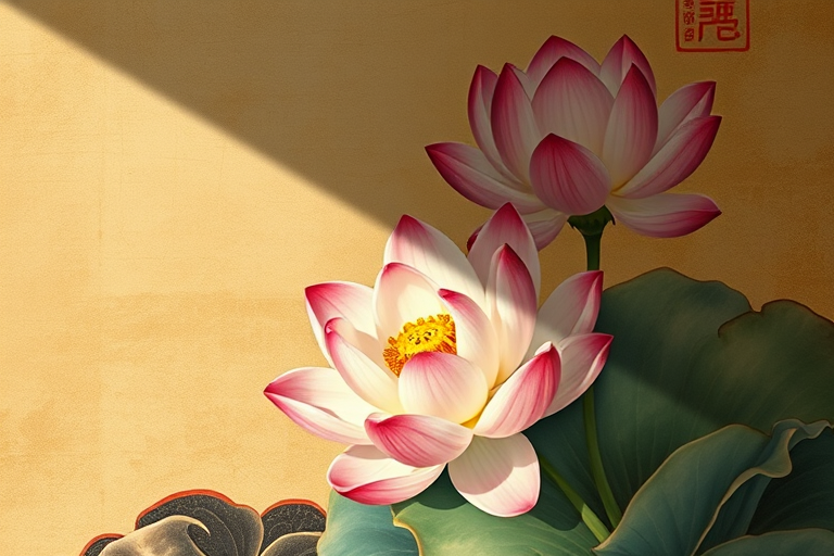 Regenerate an image of a traditional Asian floral painting featuring lotus and peony, captured with a Canon EOS R5, 50mm lens, f/1.8 aperture, ISO 100, natural soft lighting, and overhead view to enhance detail and color vibrancy.