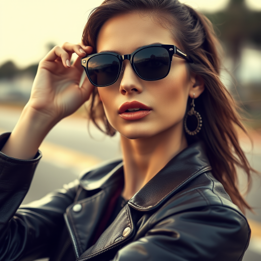 Outdoor shot, stunning female model, vintage leather jacket, sunglasses, cinematic effect, Position the camera at the model’s eye level using a 35mm f/1.4 lens