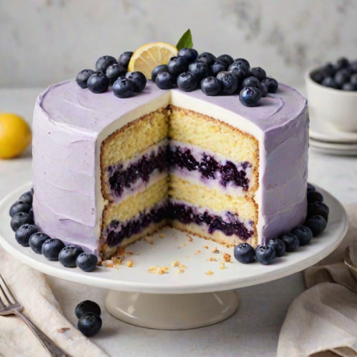Create an image of a layered cake with three distinct layers. The top layer should have a smooth white frosting decorated with fresh blueberries and lemon slices. The middle layer should be a creamy purple filling, while the bottom layer should be a light yellow cake. Arrange the cake on a decorative white plate with a few blueberries scattered around it. The background should be softly blurred to emphasize the cake.