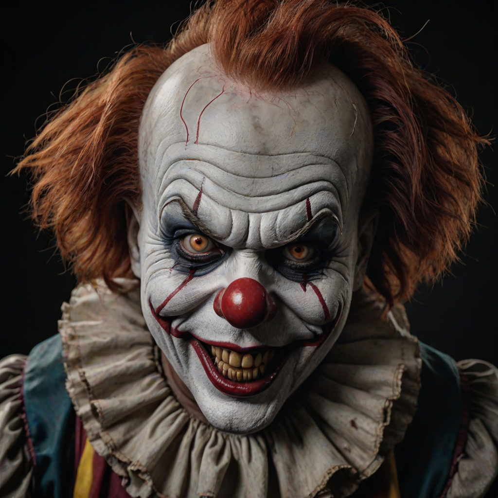 Create a hyper-realistic, dark, and eerie clown with a sinister smile, set against a black background. The clown should have exaggerated makeup with sharp, contrasting colors to enhance its menacing appearance. The overall atmosphere should be unsettling and intense, capturing a sense of horror and suspense