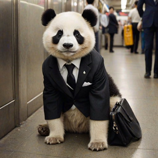 The image is a high-resolution photograph of a charming panda named Huahua, depicted in a bustling subway station. Huahua has her distinctive black and white fur, and she is dressed in a crisp business suit, complete with a tie and a small briefcase in her paw. The suit is neatly tailored, with sharp lines and a professional look that contrasts with her fluffy fur.
