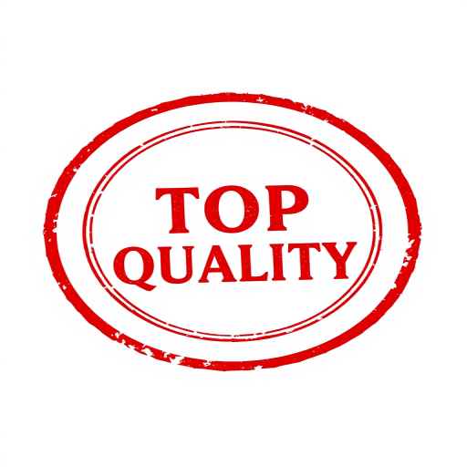 Create a high-resolution circular stamp design with the text "TOP QUALITY" in bold red font inside, using a DSLR camera, 50mm lens, f/1.8 aperture, ISO 100, and natural lighting for clarity and detail.