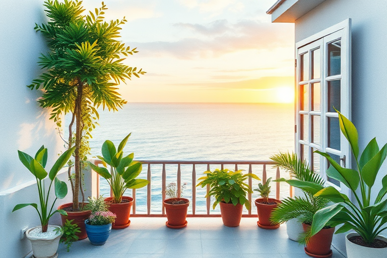Create a watercolor illustration of a seaside balcony adorned with lush greenery and potted plants, captured at dawn with a soft focus effect, using a full-frame DSLR camera, aperture f/2.8, 24mm focal length, and ISO 100 for enhanced image quality.