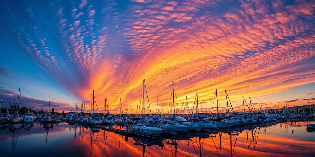 vibrant sunset over a marina with boats docked, reflection in calm water, capture the intricate cloud textures and colors in the sky, Nikon D850, 24mm, f/8, ISO 200, HDR mode, wide-angle view